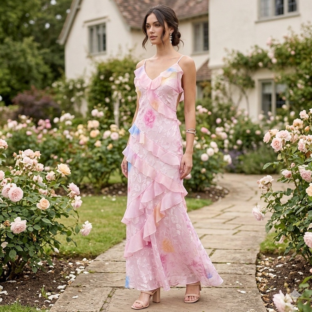 Fancy D Boutique Pink Floral‎ Ruffle Maxi Dress Pastel Fairy Romantic Size 7 NWT